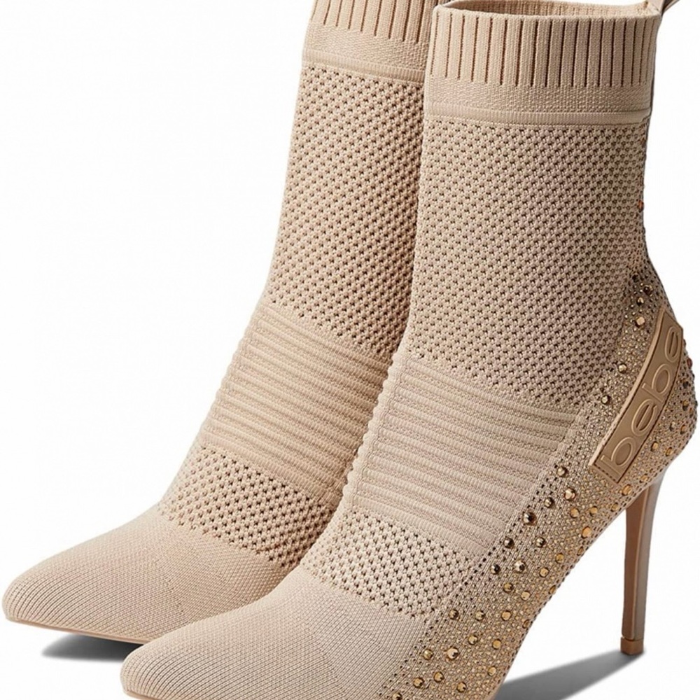 bebe Knit Ankle Booties in Beige with Gold Studs